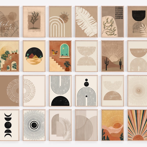 Boho Print Bundle, 24 Pieces of Poster, Gallery Wall Art Set, Neutral Desert Print, Mid Century Modern, Abstract Geometric, Digital Download