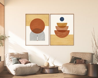 Mid century Modern Art Print Set of 2, Orange, Yellow, Blue Shapes Art Print Neutral Modern Printable Digital Downloads