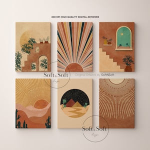 Boho Style Landscape Wall Art set of 6, Mega Bundle, Mid Century Modern Digital Art Prints, Terracotta, Green, Yellow Printables