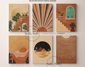 Boho Style Landscape Wall Art set of 6, Mega Bundle, Mid Century Modern Digital Art Prints, Terracotta, Green, Yellow Printables