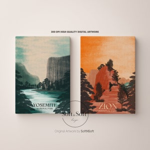 National Park Art Prints Set of 2, Mid Century Modern, National Park Poster, Boho Prints, Digital Prints, Yosemite, Zion, Gallery Wall Set