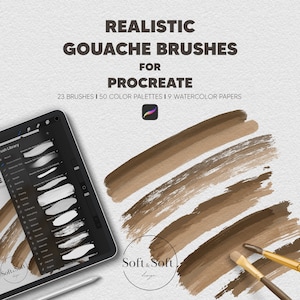 Pennelli Procreate Gouache realistici, kit di 23 pennelli per pittura a guazzo, 9 texture di carta per acquerelli, 50 tavolozze di colori Procreate, pennelli per iPad