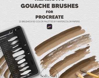Realistic Gouache Procreate Brushes, 23 Gouache Painting Brush Kit, 9 Watercolor Paper Textures, 50 Procreate Color Palettes, Ipad Brushes