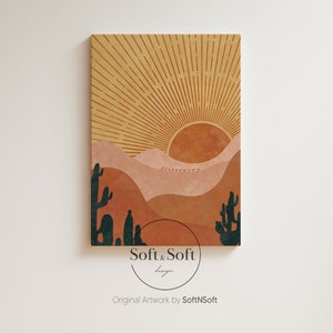 Puede incluir: Una ilustración digital de un paisaje desértico con un sol estilizado, cactus y colinas en tonos marrones, naranjas y rosas. El texto "Soft & Soft design" está en la parte inferior de la imagen.