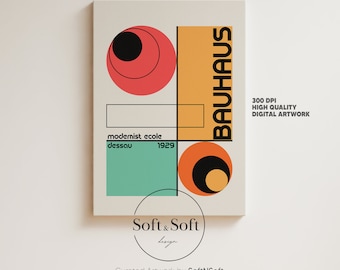 May include: A digital art print featuring a geometric design in shades of red, orange, yellow, black, and green. The text "BAUHAUS" is written vertically in black letters. The text "modernist ecole dessau 1929" is written in black letters. The text "300 DPI HIGH QUALITY DIGITAL ARTWORK" is written in black letters.