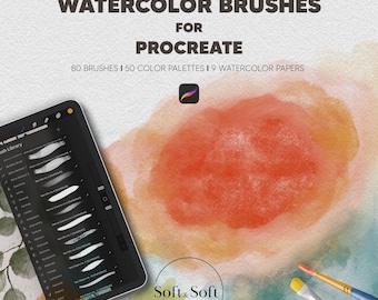 Procreate Realistic 80 Watercolor Brushes, Watercolor Brush Set, Painting Kit, 50 Color Palettes, Canvas Papers Digital Download, Wet Brush