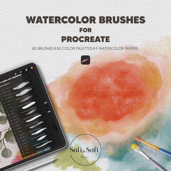 Procreate 80 Aquarellpinsel, Aquarellpinsel-Set, Malset, 50 Farbpaletten, Leinwandpapiere Digital Download, Nasspinsel