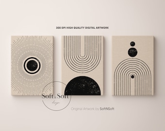 Könnte beinhalten: Set aus drei abstrakten Kunstdrucken mit schwarzen geometrischen Formen auf beigefarbenem Hintergrund. Die Drucke zeigen einen Sonnenstrahl, eine Reihe von Bögen und einen Kreis mit zwei kleineren Kreisen darüber.