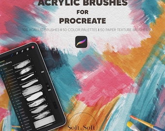105 Realistic Acrylic Procreate Brushes, Oil Painting Brush Set, 50 Canvas & Watercolor Paper Texture Brushes, 50 Color Palettes