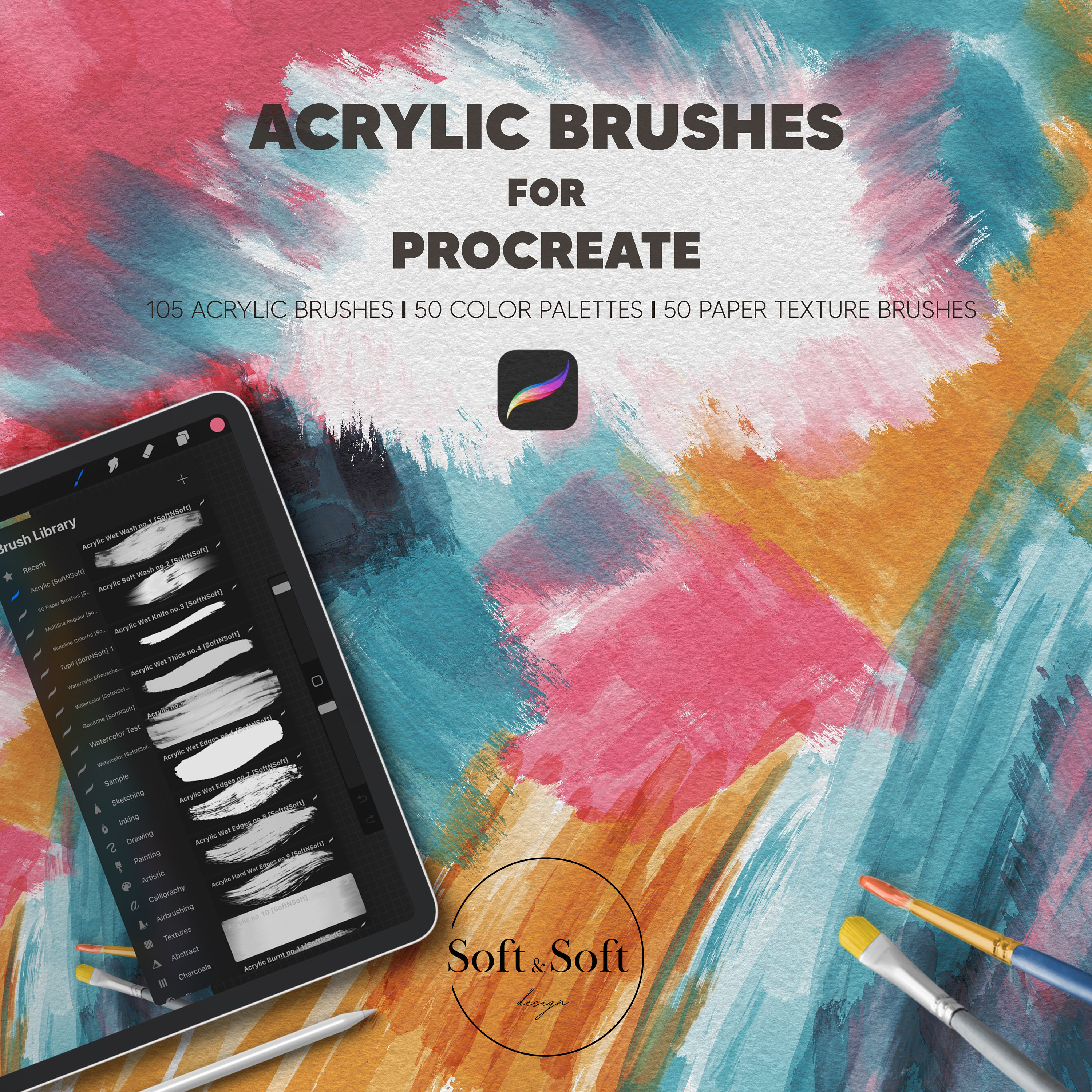 105 Realistic Acrylic Procreate Brushes + Oil Paint Set, 50 Canvas & Watercolor Textures, 50 Color Palettes