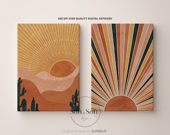 Mid Century Modern, Set of 2 Art Print, Boho Desert Print, Boho Sun Print, Boho Wall Art, Minimalist Wall Art, Boho Printables