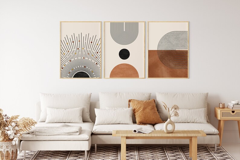 Mid Century Art Prints Set of 3, Neutral Modern Wall Art Decor, Minimalist Digital Prints, Boho Style Art Prints, Orange, Black Rainbows