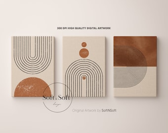 Boho Terracotta Wall Art, Set of 3 Minimalist Artworks, Abstract Geometric Chic Home Decor, Digital Download, Bohemian Art Print Decor