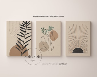 Può includere: Set di tre stampe d'arte digitale che presentano arte di linea astratto con un'estetica minimalista. Le stampe presentano un sole, una figura stilizzata e una felce. Le stampe sono in tonalità di marrone, nero e verde.