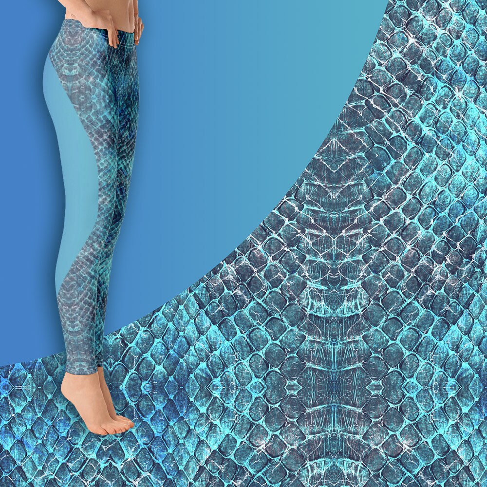 Snake Skin Printed Leggings Blue Long Leggings Yoga Tights Etsy
