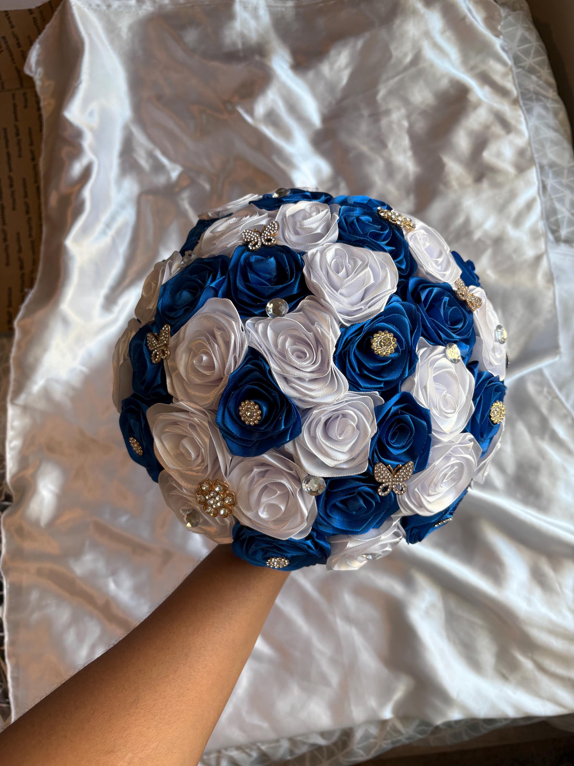 12 White Ribbon Ramo Royal Blue & White Satin Rose Quinceanera Bouquet| Rhinestone Brooch ...
