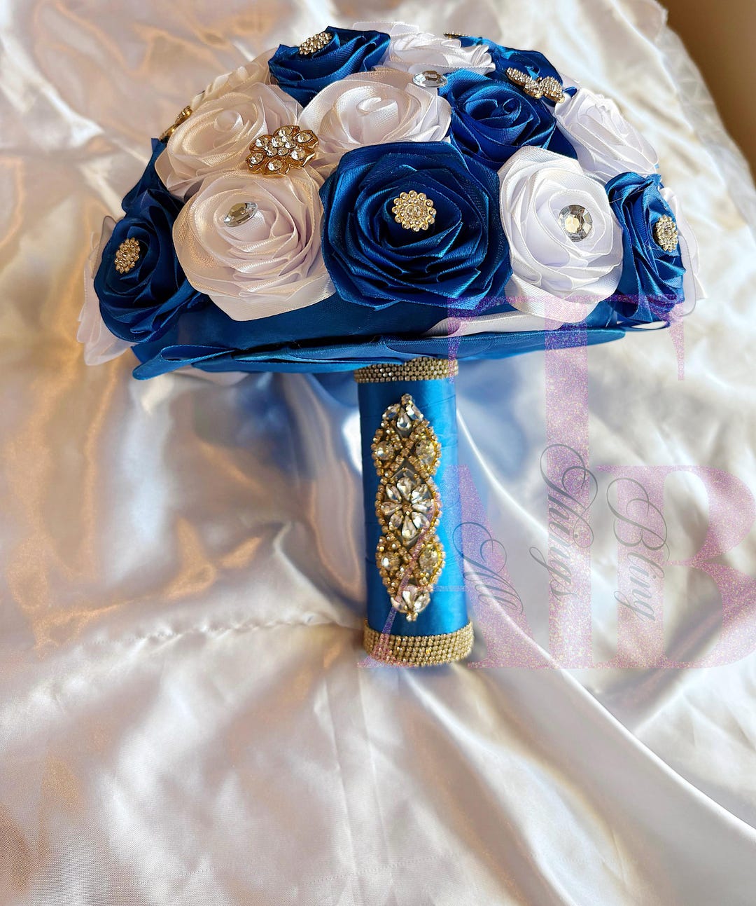 Royal Blue & White Satin Rose Quinceanera Bouquet| Rhinestone Brooch ...