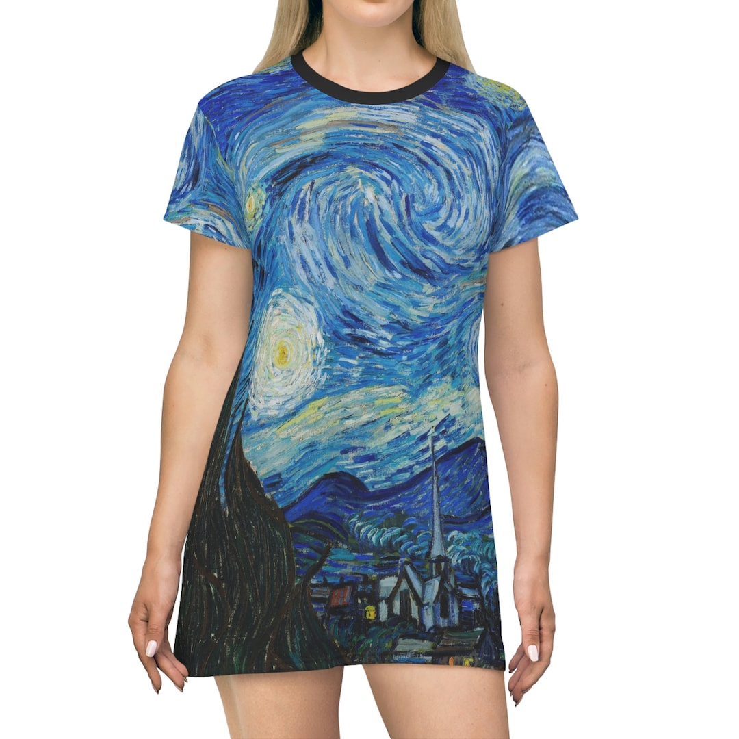 Women's Van Gogh Starry Night 3D Print Short Sleeve Dress - V-Neck, Flared A-Line Swing Casual