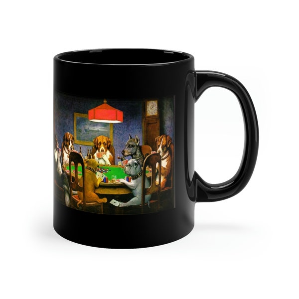 DOGS PLAYING POKER Abstract Art Painting Black Ceramic Mug 11 Oz