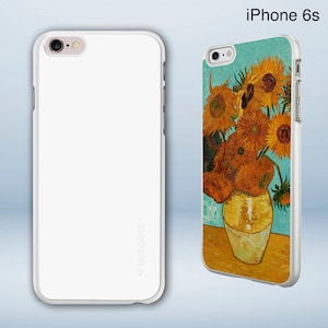 May include: White iPhone 6s case featuring a sunflower painting by Vincent van Gogh. The painting depicts a vase of sunflowers against a blue background.
