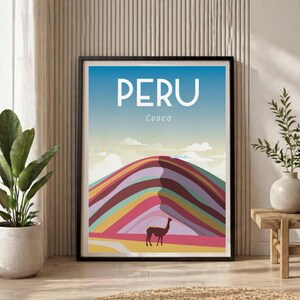 Poster di viaggio di Cusco, Perù, Montagna Arcobaleno: illustrazione murale di un paesaggio vibrante.