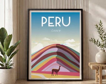 Peru Cusco Rainbow Mountain Travel Poster: Vibrant Landscape Wall Art Illustration