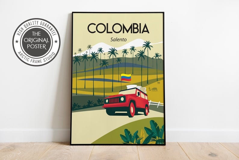May include: A framed poster featuring a stylized illustration of Colombia's Salento region. The artwork depicts a red vehicle driving on a road, palm trees, rolling hills, and the Colombian flag. The poster has a black frame and the text "COLOMBIA" and "Salento".