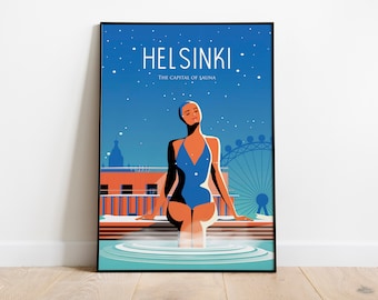 Helsinki Finlandia sauna invierno Cartel de viaje arte mural Impresión digital ! Medidas: (pulgadas) 8x10 12x16 12X18 16X20 18x24 24x36