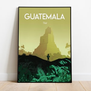 Guatemala | Vintage Travel Poster | Home & Living|  tropical Tikal Maya  Guatamala Jaguar   Sizes: (inches)  8x10  12x16 12x18 18x24 24x36