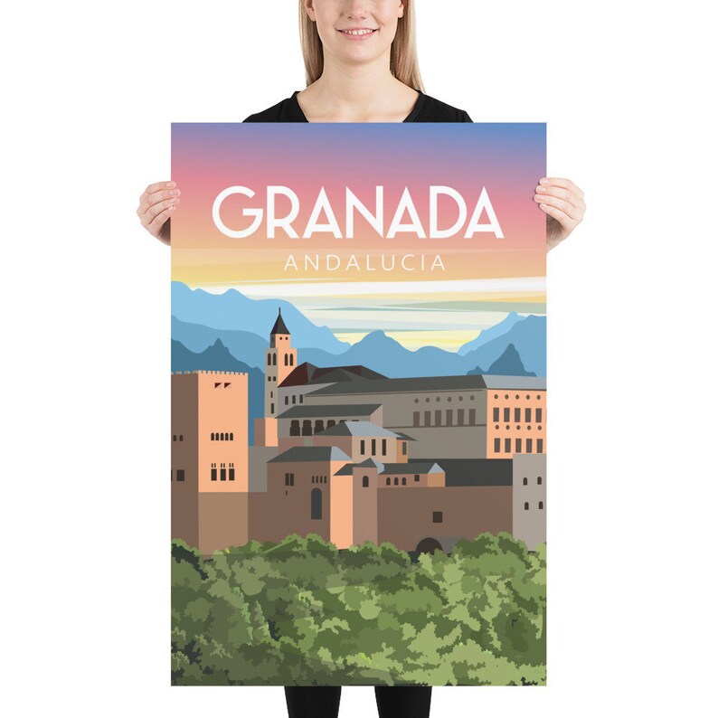 May include: A poster featuring a stylized illustration of Granada, Andalusia. The artwork depicts a cityscape with tan buildings, a tower, and green foliage, set against a backdrop of mountains and a gradient sky. The word "GRANADA" is prominently displayed.