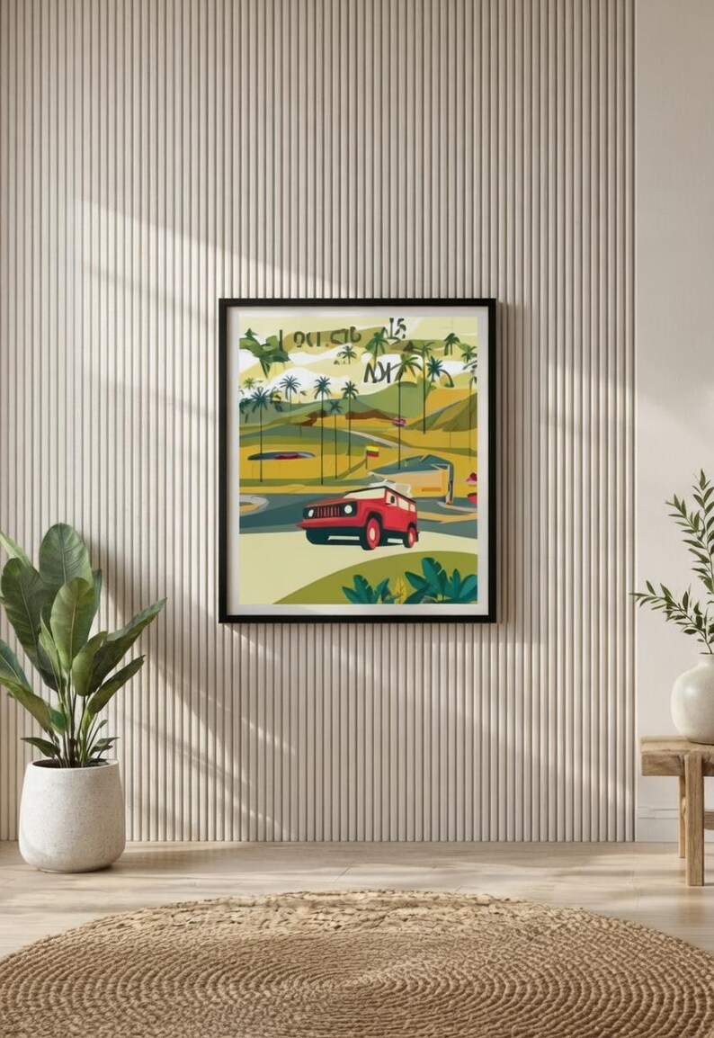 May include: A framed art print featuring a red SUV driving on a road with palm trees and a yellow bus. The artwork has a retro travel theme with the text "15" and other text. The print is displayed on a textured white wall.