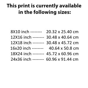 May include: White background with black text listing print sizes: 8x10 inch (20.32 x 25.40 cm), 12x16 inch (30.48 x 40.64 cm), 12x18 inch (30.48 x 45.72 cm), 16x20 inch (40.64 x 50.8 cm), 18x24 inch (45.72 x 60.96 cm), and 24x36 inch (60.96 x 91.44 cm).