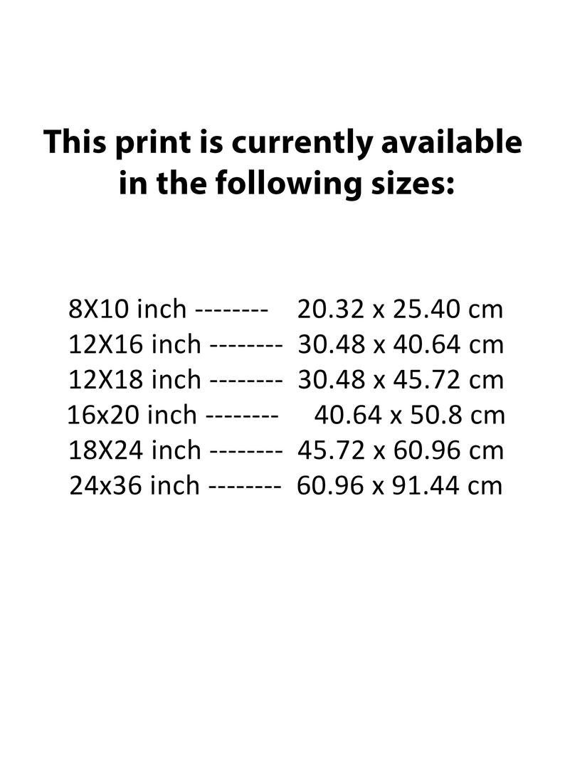 May include: White background with black text listing print sizes: 8x10 inch (20.32 x 25.40 cm), 12x16 inch (30.48 x 40.64 cm), 12x18 inch (30.48 x 45.72 cm), 16x20 inch (40.64 x 50.8 cm), 18x24 inch (45.72 x 60.96 cm), and 24x36 inch (60.96 x 91.44 cm).