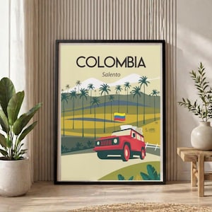 May include: A framed travel poster featuring the word "COLOMBIA" above "Salento". The poster depicts a red jeep driving on a road with palm trees and rolling hills. A Colombian flag waves in the background.