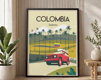Colombia Salento Travel Poster, Cocora Valley Palm Trees Wall Art Print