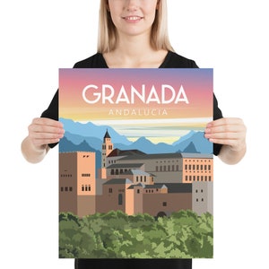 May include: A poster featuring a stylized illustration of Granada, Andalusia, with the city's name in large white letters. The artwork depicts buildings, mountains, and a colorful sky, with a green tree line at the bottom.