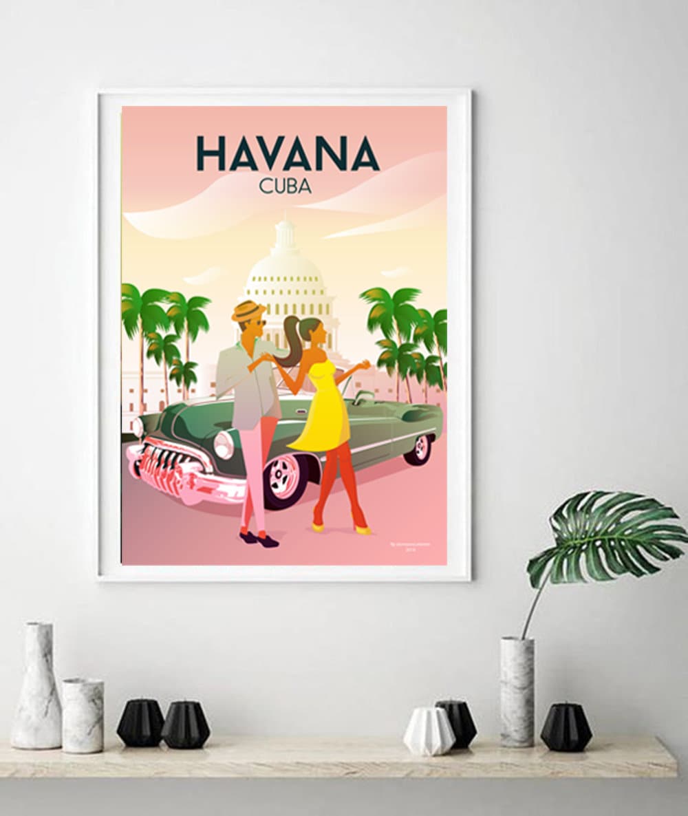 Poster In Poster Hanger - Vintage Travel Poster Cuba - Cadre Bois - 70x50  cm - Système