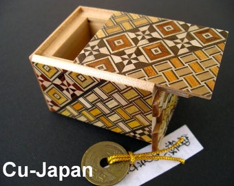 2 Sun 5 Step 6cm/2.5'' UK stock Japanese Puzzle Box with a good luck coin [Genuine] - Yosegi Himitsu Bako - made in JapanSecret Box