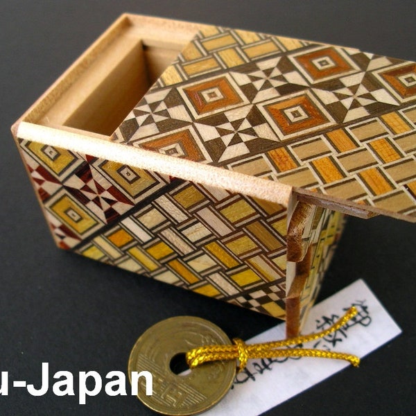 2 Sun 5 Step 6cm/2.5'' UK stock Japanese Puzzle Box with a good luck coin [Genuine] - Yosegi Himitsu Bako - made in JapanSecret Box