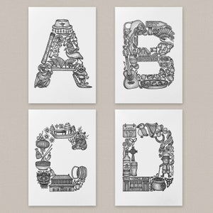Láminas artísticas del alfabeto A5: letras ilustradas de la A a la D