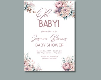 Editable Baby Shower Invitation| Oh Baby| Baby Shower Invite| Instant Download| DIY Template| DIY Baby Shower Template|
