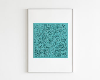 Mayan Glyphs One Line Art Print: Teal Color Wall Decor (Digital Download)