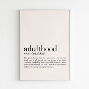 Adulthood definition print, Adulthood wall art, definition print, Adulthood poster, minimalist wall art, printable art, digital download