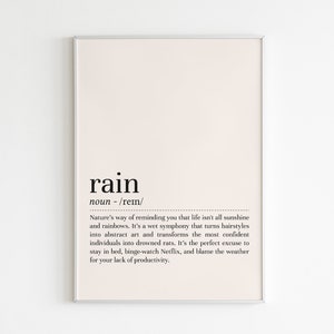Rain definition print, Rain wall art, definition print, Rain poster, minimalist wall art, printable wall art, digital download