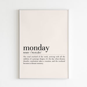 Monday definition print, Monday wall art, definition print, Monday poster, minimalist wall art, printable wall art, digital download