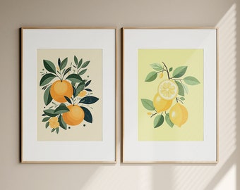 Lemon & Orange Watercolor Print Set: Botanical Kitchen Decor (Digital Download)