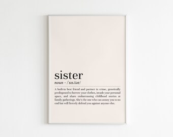 Sister definition print, Sister wall art, definition print, Sister poster, minimalist wall art, printable wall art, digital download