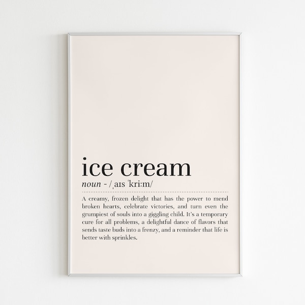 Ice cream definition print, Ice cream wall art, definition print, Ice cream poster, minimalist wall art, printable wall art,digital download