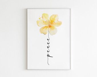 Watercolor Floral Print: Yellow Flower, One Line Art (Digital Download)
