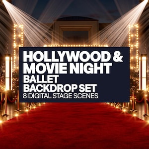 Könnte beinhalten: Ein digitales Hintergrund-Set mit einem roten Teppich, der zu einer Bühne mit goldenen Absperrständern und Samtseilen führt. Der Text lautet: HOLLYWOOD & MOVIE NIGHT BALLET BACKDROP SET 8 DIGITAL STAGE SCENES. Helle Scheinwerfer leuchten von oben.